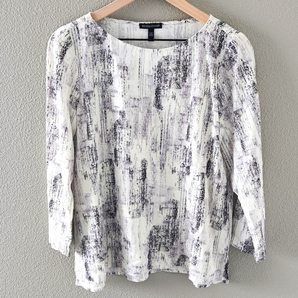 Eileen Fisher Top Small Black and White Abstract Spring Blouse Bracelet Sleeve